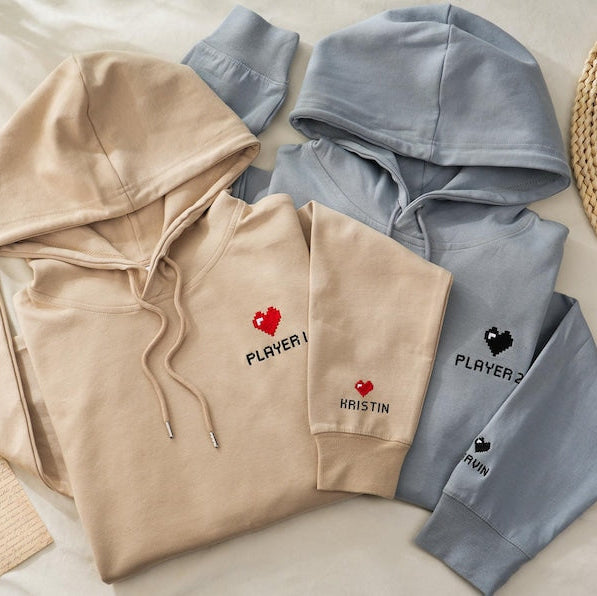 Custom Embroidered Hoodie, Pixel Heart Couples Hoodie, Valentines Day Gift, Bestie Gifts, Anniversary Gift for Him/ Her