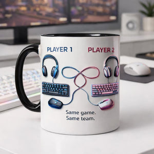 Personalized Player 1 Player 2 Gamer Coffee Mug, Same Game Same Team Couple Mug, Custom Gaming Mug Gift for Couples