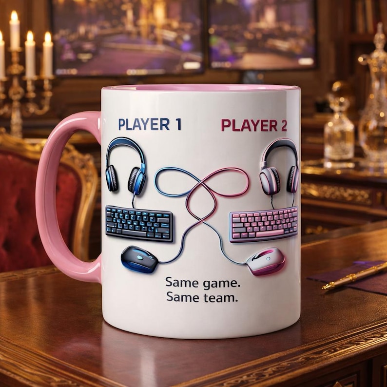 Personalized Player 1 Player 2 Gamer Coffee Mug, Same Game Same Team Couple Mug, Custom Gaming Mug Gift for Couples