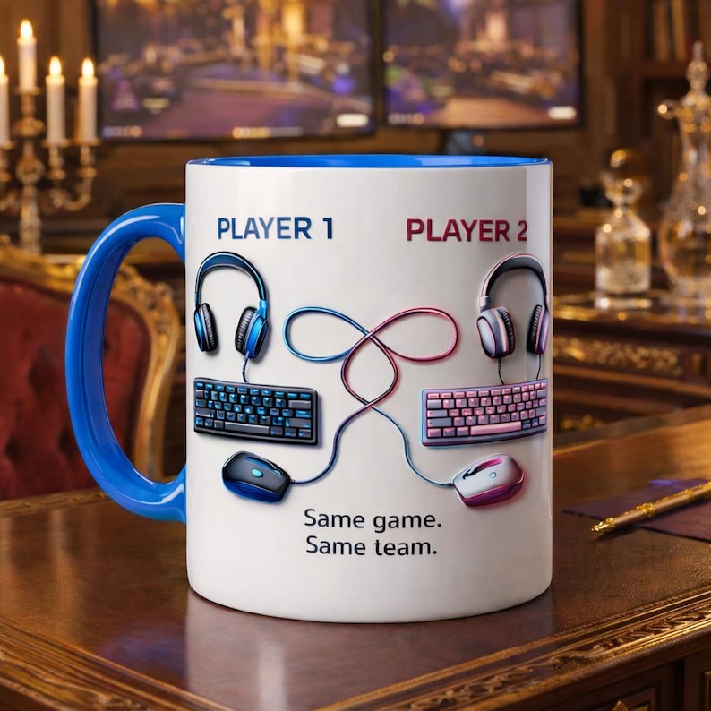 Personalized Player 1 Player 2 Gamer Coffee Mug, Same Game Same Team Couple Mug, Custom Gaming Mug Gift for Couples