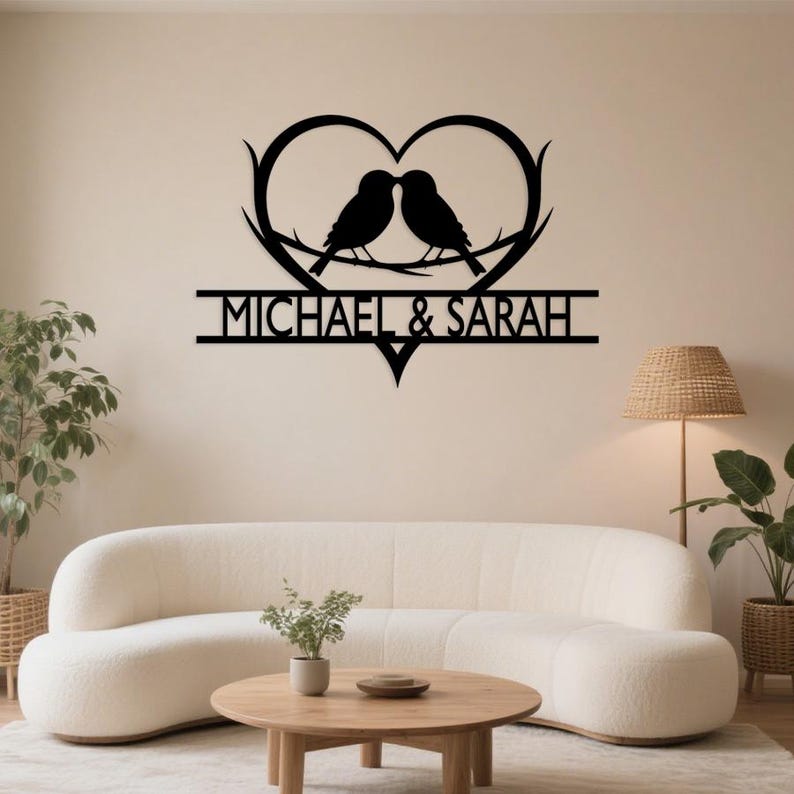Personalized Love Birds Metal Wall Art ,Metal Engagement Sign,Custom Name Heart Decor, Anniversary & Wedding Gift