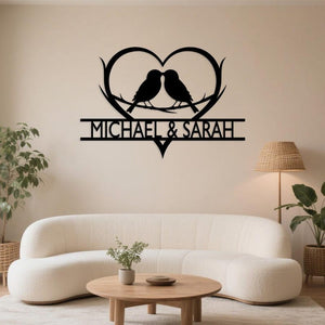 Personalized Love Birds Metal Wall Art ,Metal Engagement Sign,Custom Name Heart Decor, Anniversary & Wedding Gift