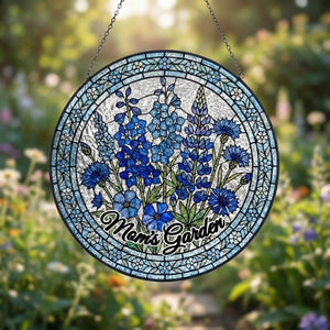 Blue Wildflower Stained Glass Suncatcher - Botanical Glass Window Hanging - Personalized Birthday Gift for Her