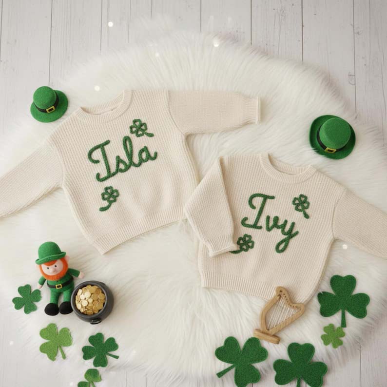 Personalized Hand Embroidered St Patrick's Day Sweater: Shamrock Clover Keepsake