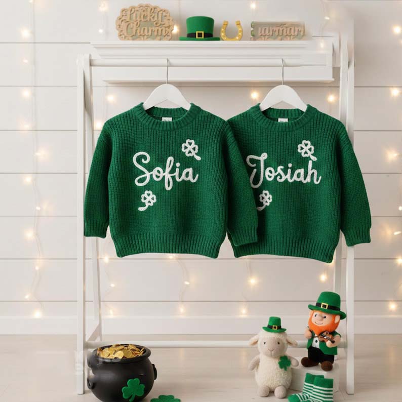 Personalized Hand Embroidered St Patrick's Day Sweater: Shamrock Clover Keepsake