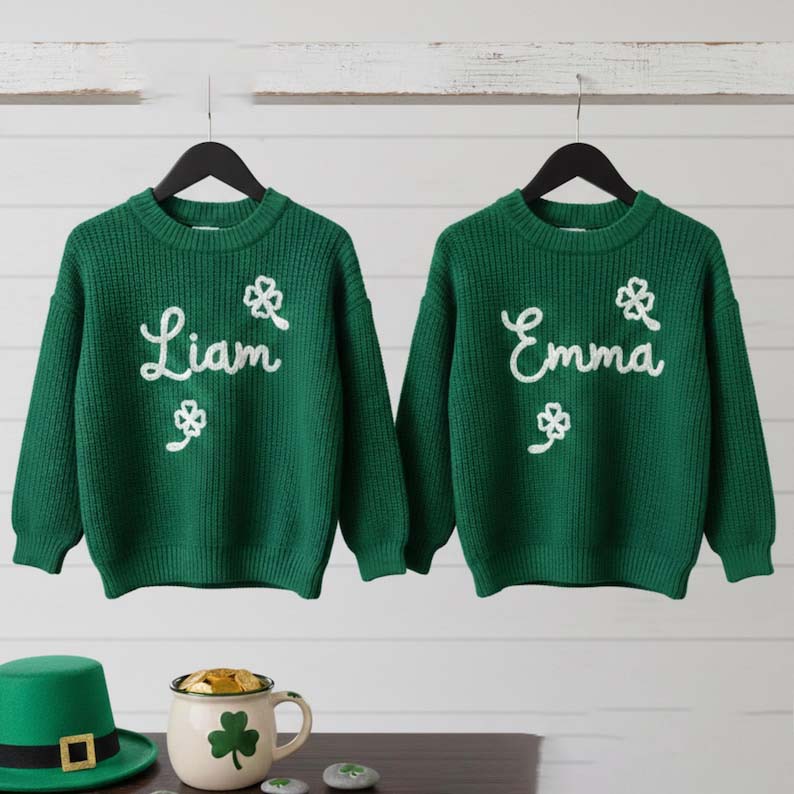 Personalized Hand Embroidered St Patrick's Day Sweater: Shamrock Clover Keepsake