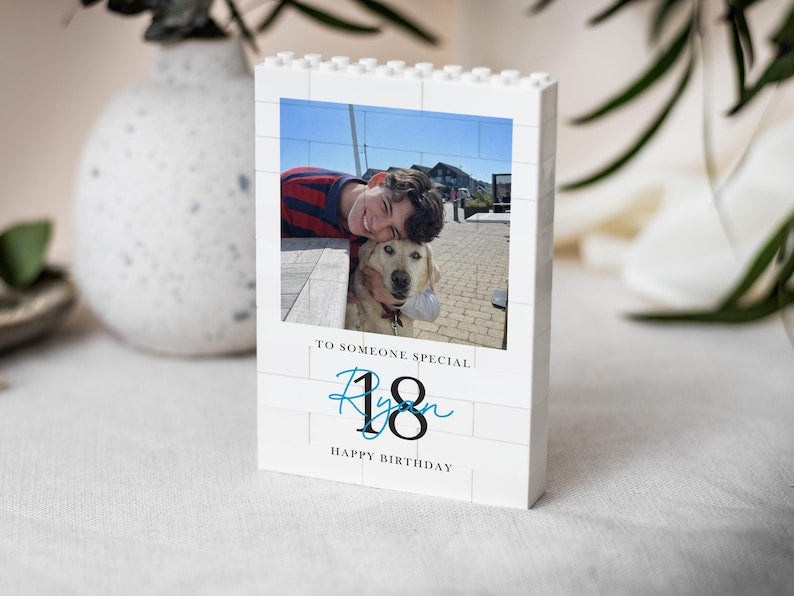 Personalised 18th Birthday Gifts for Him, Photo Building Block Keepsake for Son or Boy, Milestone Birthday Memory Gift