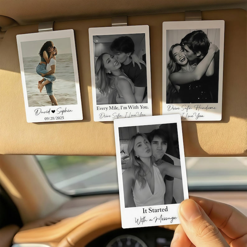 Custom Couple Polaroid Photo Car Visor Clip, Personalized Sun Visor Clip, Valentine Gift For Lover, Husband Wife Gift, Drive Safe Car Decor