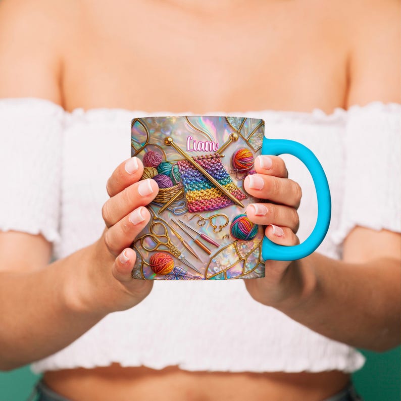 Knitting Coffee Mug, Custom Name Crochet Gift for Knitters, Iridescent Stained Glass Style Yarn Art Cup, Knitting Lover Gift for Her