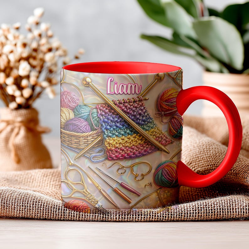 Knitting Coffee Mug, Custom Name Crochet Gift for Knitters, Iridescent Stained Glass Style Yarn Art Cup, Knitting Lover Gift for Her