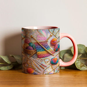 Knitting Coffee Mug, Custom Name Crochet Gift for Knitters, Iridescent Stained Glass Style Yarn Art Cup, Knitting Lover Gift for Her