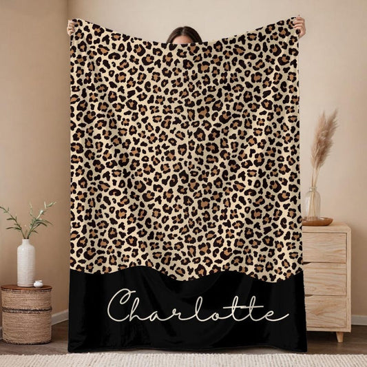 Leopard Print Blanket with Custom Name Personalized Animal Print Throw, Cozy Gift. Mom, sister, auntie, or galantine gift.