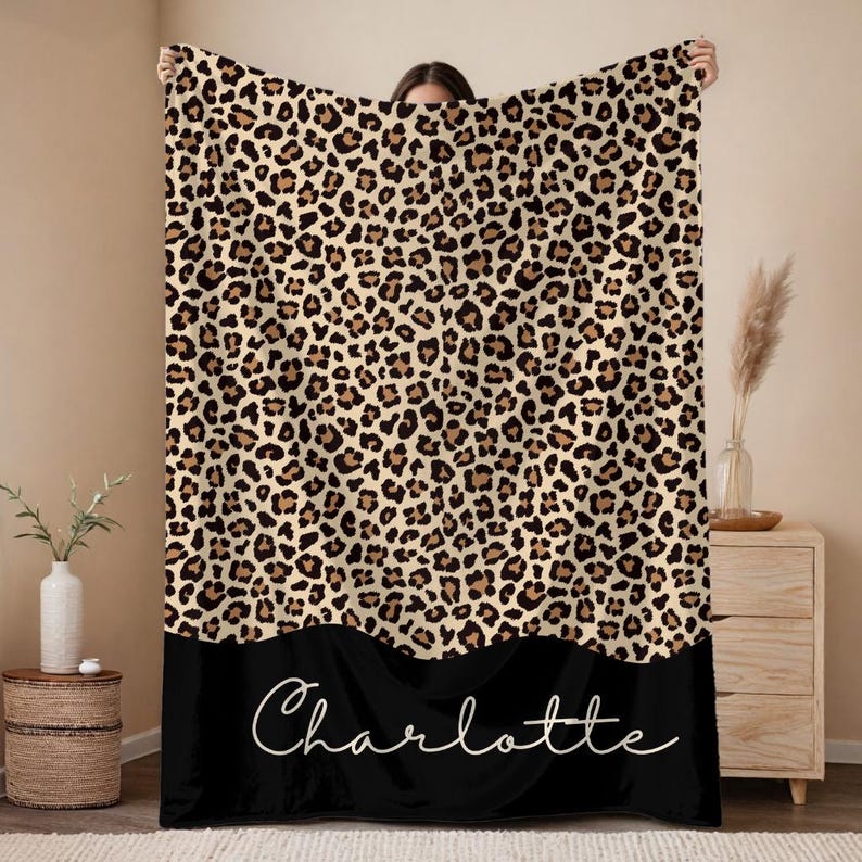 Leopard Print Blanket with Custom Name Personalized Animal Print Throw, Cozy Gift. Mom, sister, auntie, or galantine gift.