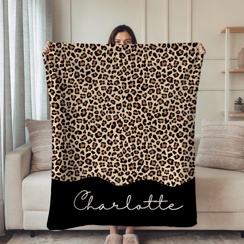 Leopard Print Blanket with Custom Name Personalized Animal Print Throw, Cozy Gift. Mom, sister, auntie, or galantine gift.