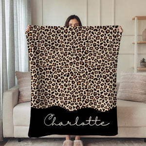 Leopard Print Blanket with Custom Name Personalized Animal Print Throw, Cozy Gift. Mom, sister, auntie, or galantine gift.