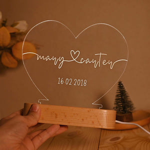 Personalized Heart Acrylic Lamp, Custom Couple Name Night Light with Date, Anniversary Gift, Valentine's Day Gift, Bedroom Decor