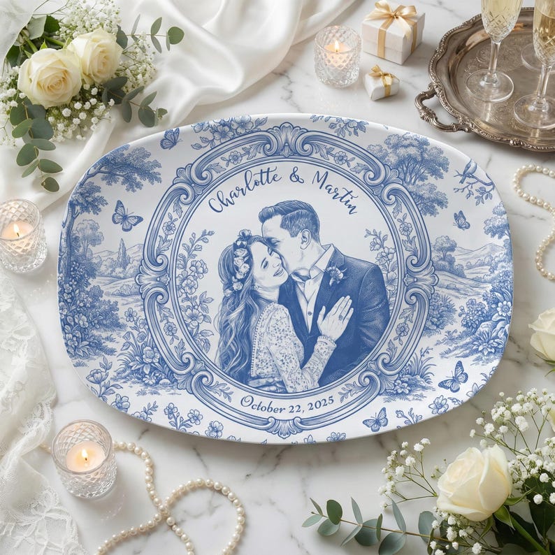 Custom Photo Platter Decor, Personalized Couple Portrait, Blue Toile Wedding Plate with Name Date