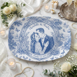 Custom Photo Platter Decor, Personalized Couple Portrait, Blue Toile Wedding Plate with Name Date