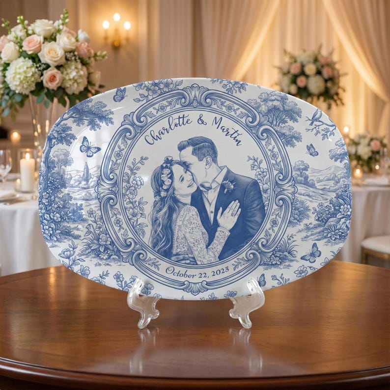 Custom Photo Platter Decor, Personalized Couple Portrait, Blue Toile Wedding Plate with Name Date