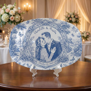 Custom Photo Platter Decor, Personalized Couple Portrait, Blue Toile Wedding Plate with Name Date