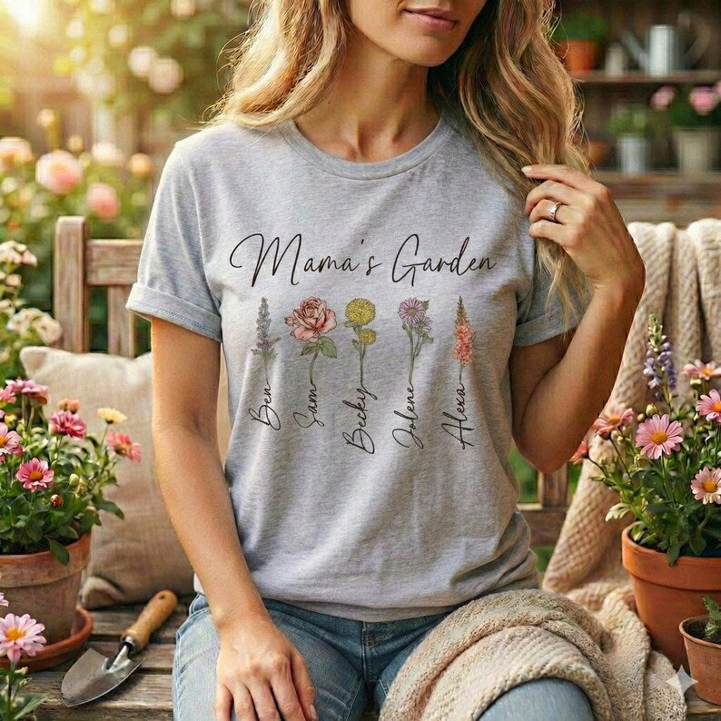 Personalized Birth Flower Shirt, Botanical Family Tee, Mama's Garden Gift