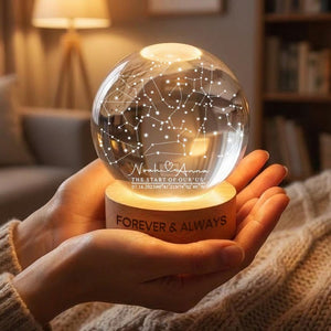 Personalized Night Sky Anniversary Crystal Ball Lamp: Engraved Wood Base Custom Keepsake
