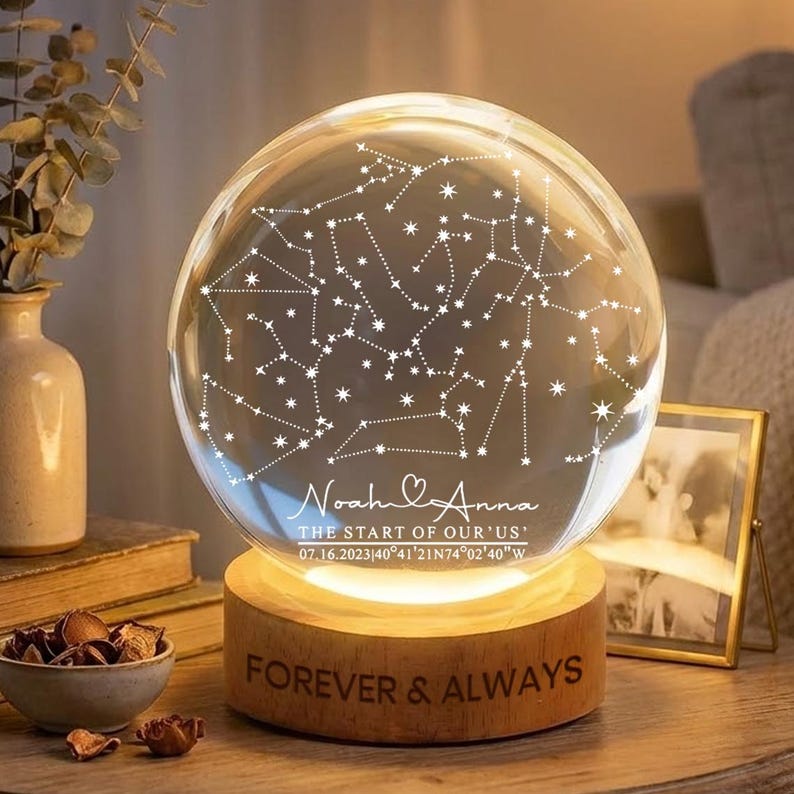 Personalized Night Sky Anniversary Crystal Ball Lamp: Engraved Wood Base Custom Keepsake
