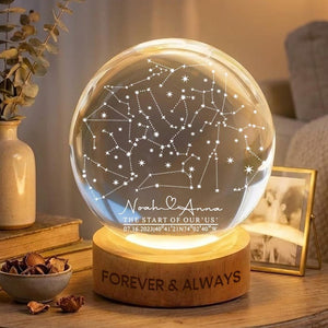 Personalized Night Sky Anniversary Crystal Ball Lamp: Engraved Wood Base Custom Keepsake