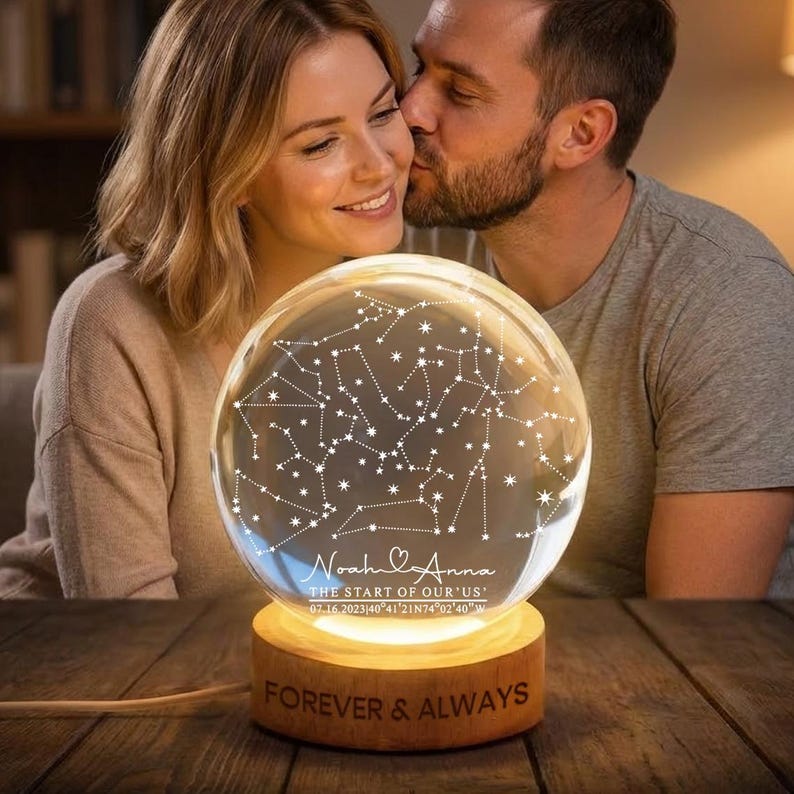 Personalized Night Sky Anniversary Crystal Ball Lamp: Engraved Wood Base Custom Keepsake
