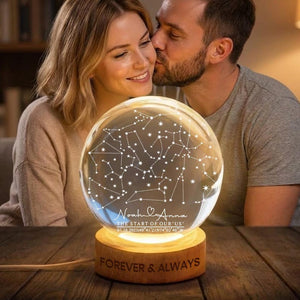 Personalized Night Sky Anniversary Crystal Ball Lamp: Engraved Wood Base Custom Keepsake