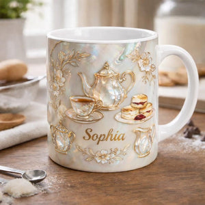 Personalized Tea Lover Mug, Custom Name Coffee Cup, Vintage Floral Teacup Design, Elegant Cozy Aesthetic, Gift for Her