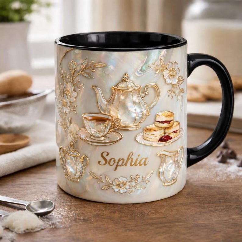 Personalized Tea Lover Mug, Custom Name Coffee Cup, Vintage Floral Teacup Design, Elegant Cozy Aesthetic, Gift for Her