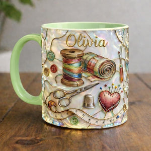 Personalized Sewing Mug, Custom Name Craft Coffee Cup, Quilting & Sewing Tools Design, Cozy Handmade Aesthetic, Gift for Sewers