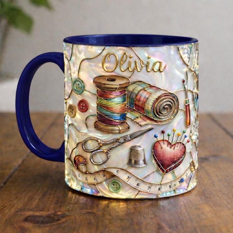Personalized Sewing Mug, Custom Name Craft Coffee Cup, Quilting & Sewing Tools Design, Cozy Handmade Aesthetic, Gift for Sewers