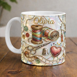 Personalized Sewing Mug, Custom Name Craft Coffee Cup, Quilting & Sewing Tools Design, Cozy Handmade Aesthetic, Gift for Sewers