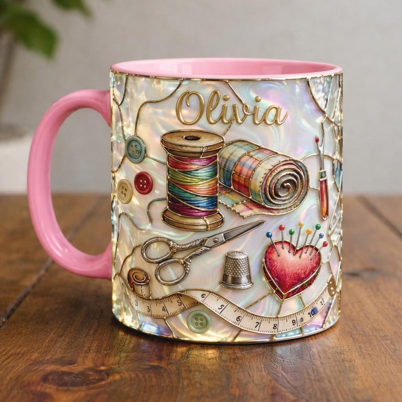 Personalized Sewing Mug, Custom Name Craft Coffee Cup, Quilting & Sewing Tools Design, Cozy Handmade Aesthetic, Gift for Sewers