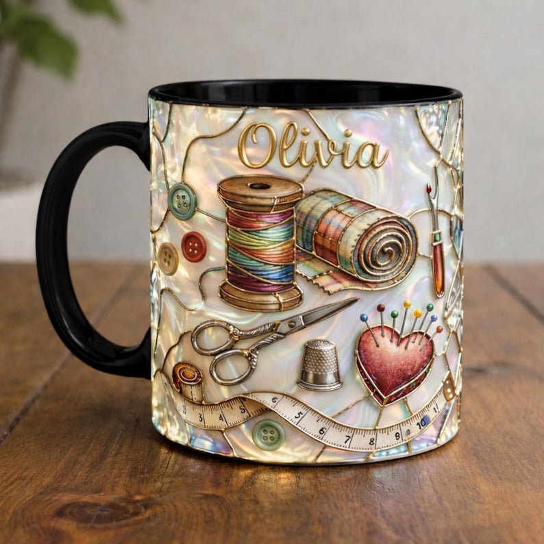 Personalized Sewing Mug, Custom Name Craft Coffee Cup, Quilting & Sewing Tools Design, Cozy Handmade Aesthetic, Gift for Sewers