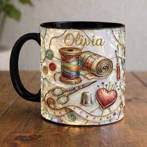 Personalized Sewing Mug, Custom Name Craft Coffee Cup, Quilting & Sewing Tools Design, Cozy Handmade Aesthetic, Gift for Sewers