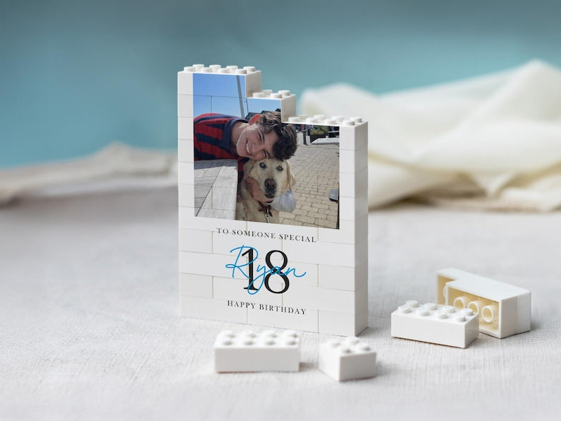 Personalised 18th Birthday Gifts for Him, Photo Building Block Keepsake for Son or Boy, Milestone Birthday Memory Gift