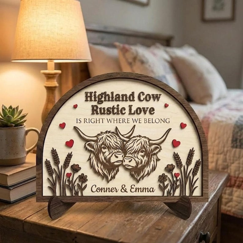 Custom Highland Cow Wooden Plaque Rustic Love Where We Belong Arch Sign Personalized Wedding Anniversary Engagement Gift Farmhouse Wall Art
