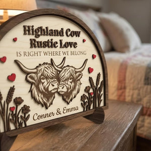 Custom Highland Cow Wooden Plaque Rustic Love Where We Belong Arch Sign Personalized Wedding Anniversary Engagement Gift Farmhouse Wall Art
