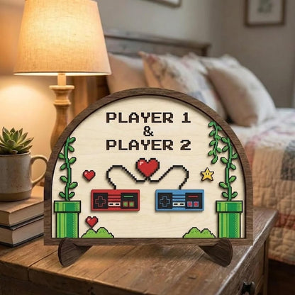 Custom Retro Gamer Wedding Anniversary Gift Wooden Plaque Pixel Art Home Decor For Husband Wife Player 1 And 2 Gaming Controller Sign