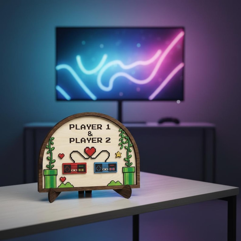Custom Retro Gamer Wedding Anniversary Gift Wooden Plaque Pixel Art Home Decor For Husband Wife Player 1 And 2 Gaming Controller Sign