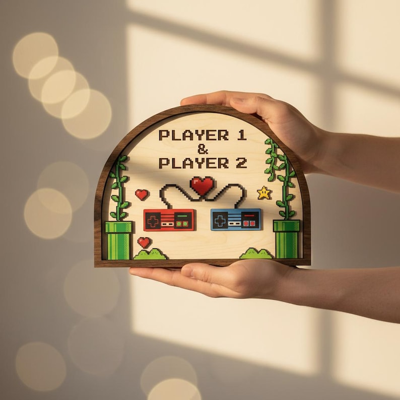 Custom Retro Gamer Wedding Anniversary Gift Wooden Plaque Pixel Art Home Decor For Husband Wife Player 1 And 2 Gaming Controller Sign