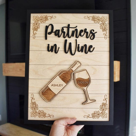 Personalized Partners In Wine Wooden Sign Custom Names Anniversary Gift For Couple Wine Lover Wall Art Decor Wine Bottle And Glass Plaque