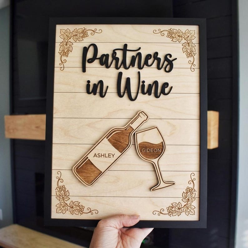 Personalized Partners In Wine Wooden Sign Custom Names Anniversary Gift For Couple Wine Lover Wall Art Decor Wine Bottle And Glass Plaque