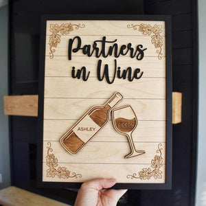 Personalized Partners In Wine Wooden Sign Custom Names Anniversary Gift For Couple Wine Lover Wall Art Decor Wine Bottle And Glass Plaque
