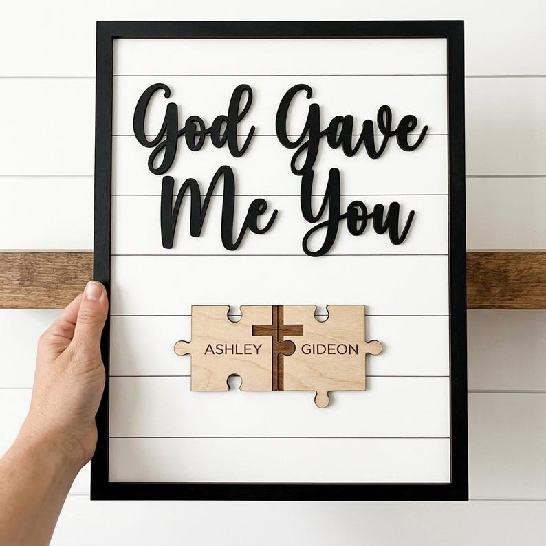 Personalized Couple Name Sign God Gave Me You Wooden Wall Art Custom Wedding Anniversary Gift For Couple Christian Home Decor Puzzle Cross