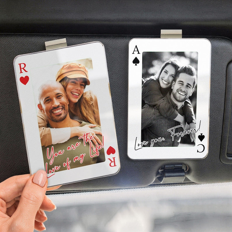 Personalized Couple Photo Car Visor Clip, Drive Safe I Love You, Valentines Gift for Him, Couple Playing Card Visor Clip Gifts for Boyfriend