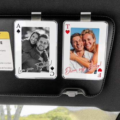 Personalized Couple Photo Car Visor Clip, Drive Safe I Love You, Valentines Gift for Him, Couple Playing Card Visor Clip Gifts for Boyfriend